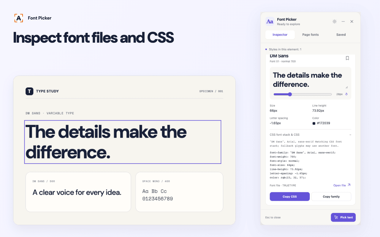Інспектор Font Picker поруч із вибраним текстом сторінки показує файли шрифтів, властивості типографіки та Copy CSS.