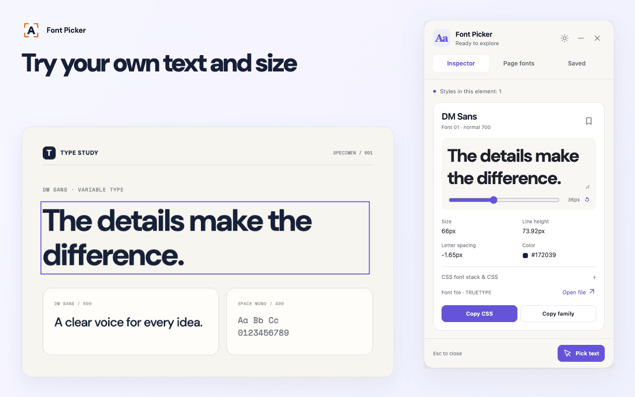 Інспектор Font Picker із редагованим зразком і повзунком розміру шрифту поруч зі сторінкою типографіки.