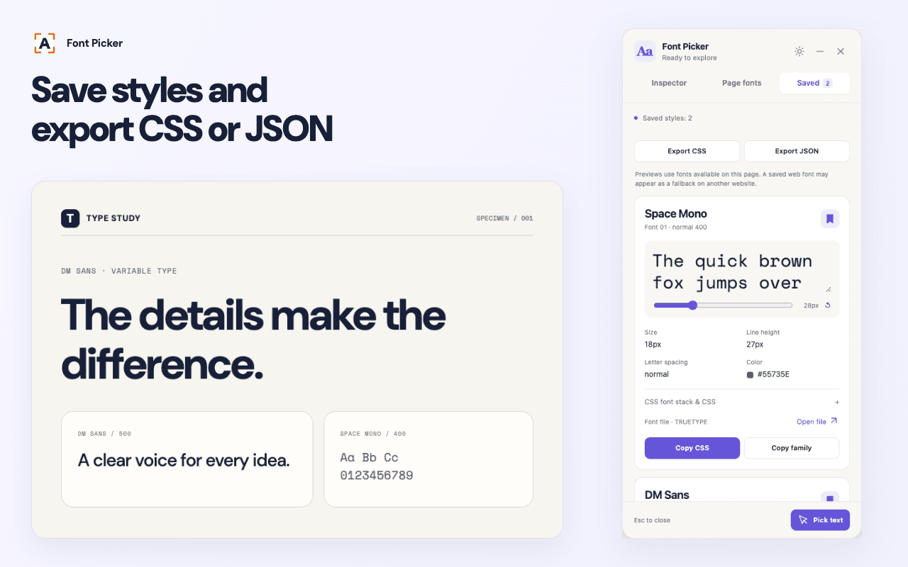 Вкладка Saved у Font Picker показує локальну колекцію стилів і керування експортом CSS або JSON.