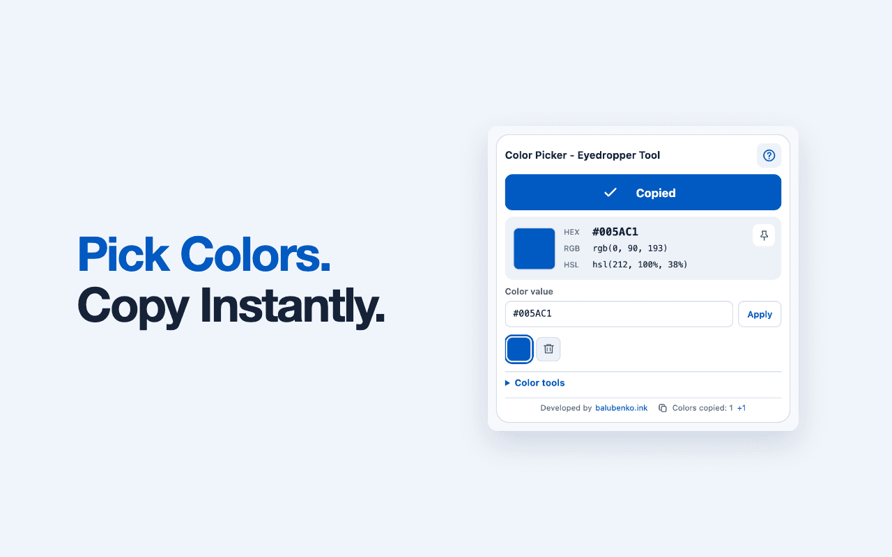 Вікно Native Color Picker із вибраним синім кольором та автоматичним копіюванням HEX.