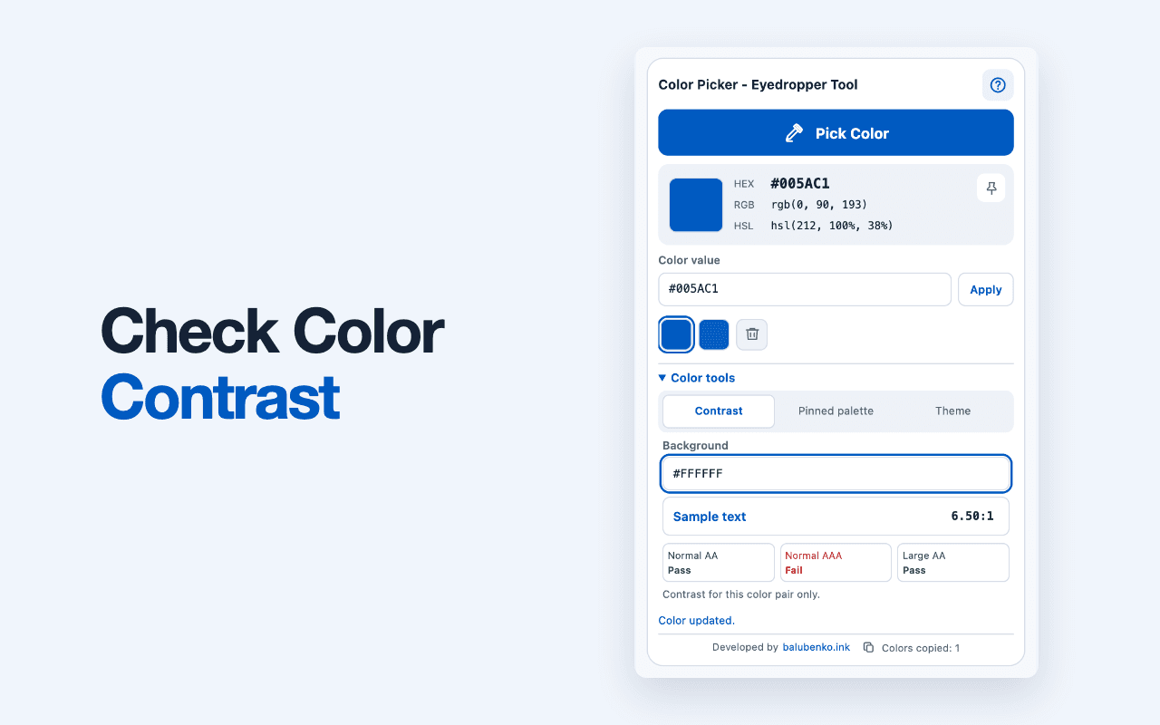 Перевірка контрасту Native Color Picker порівнює синій текст із білим тлом і показує результати WCAG.