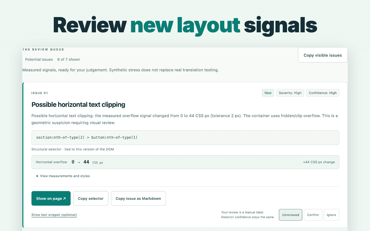 LocaleStress report showing a new horizontal text-clipping signal, measurements and manual review controls.