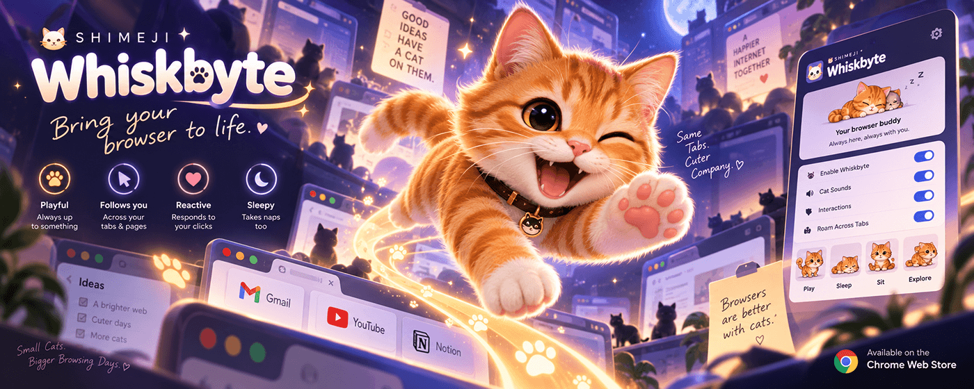 Shimeji Whiskbyte marquee artwork with an orange cat, browser windows and companion controls.